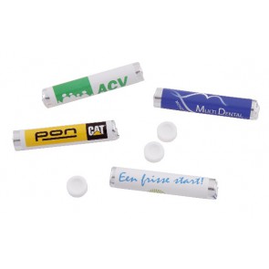 Goedkope pepermuntrolletjes met opdruk bestellen. Mint dextrose pepermuntrolletjes